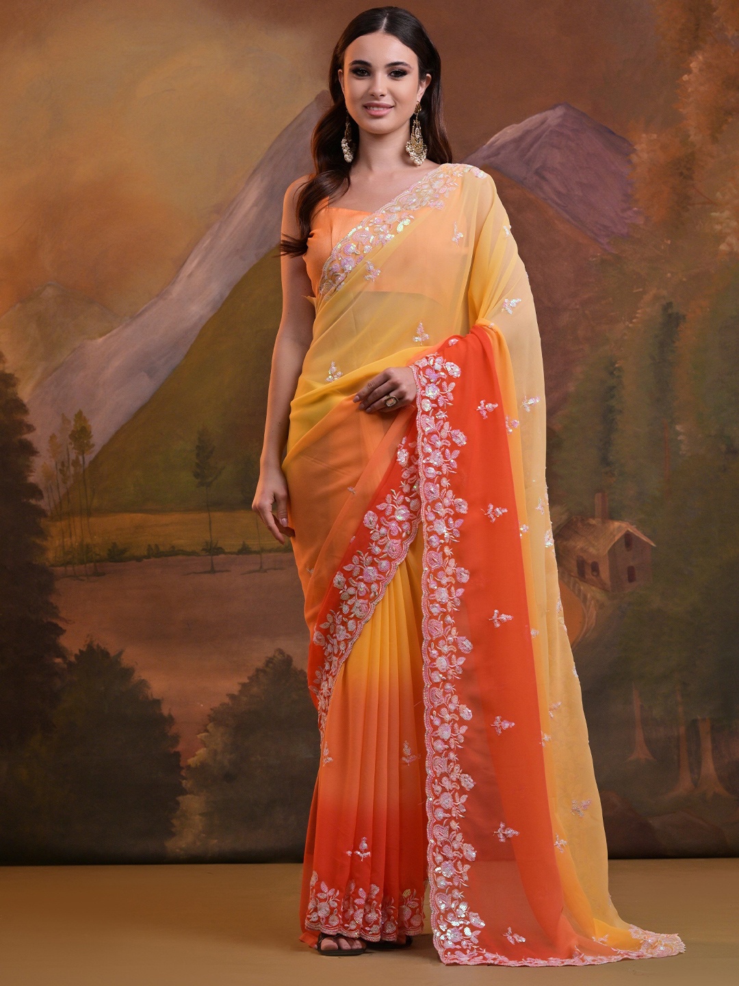 

Manu Designer Ethnic Motif Sequinned Embellished Ombre Pure Georgette Saree, Yellow