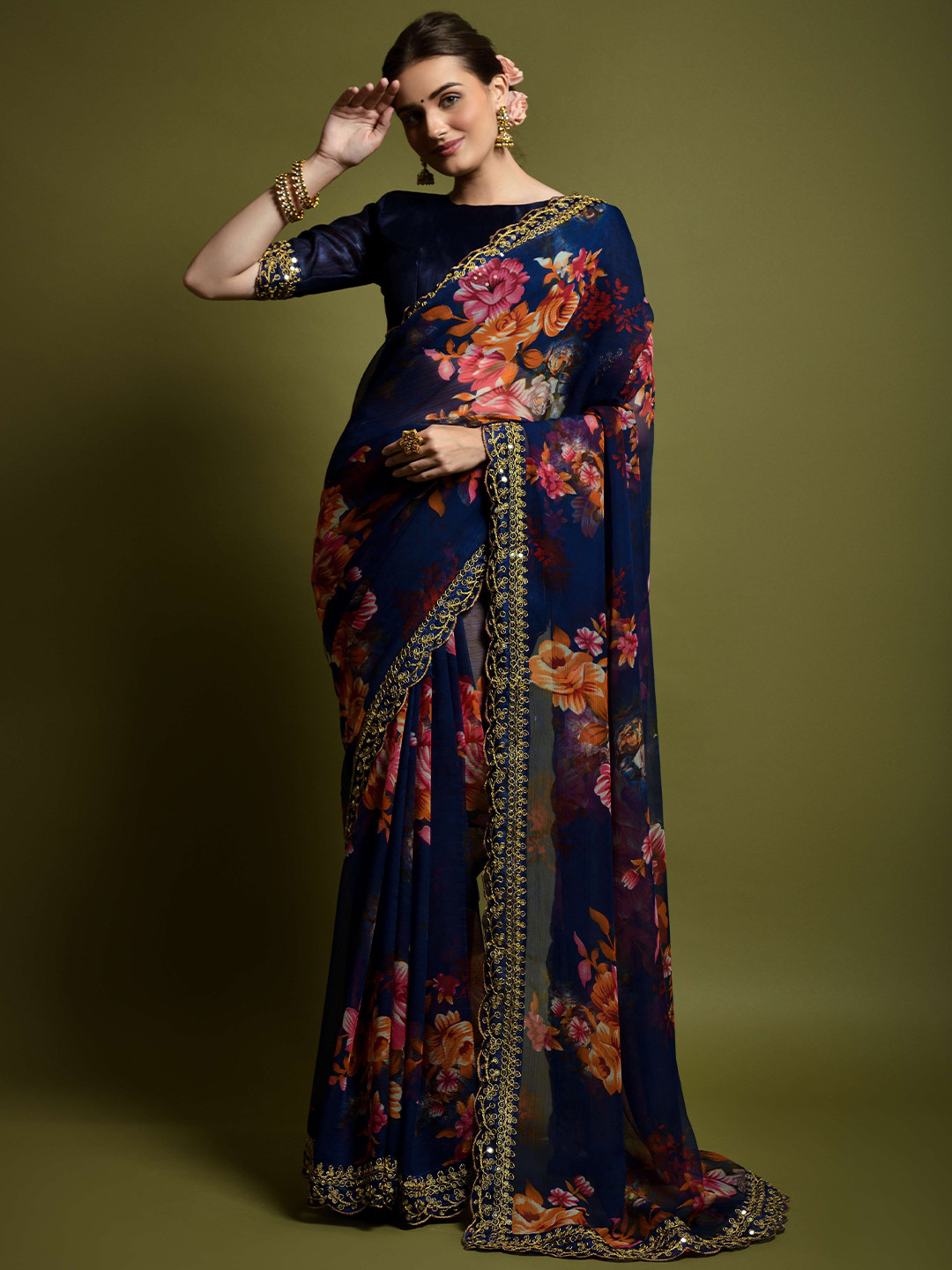 

Manu Designer Zari Embroidered Floral Pure Georgette Saree, Navy blue