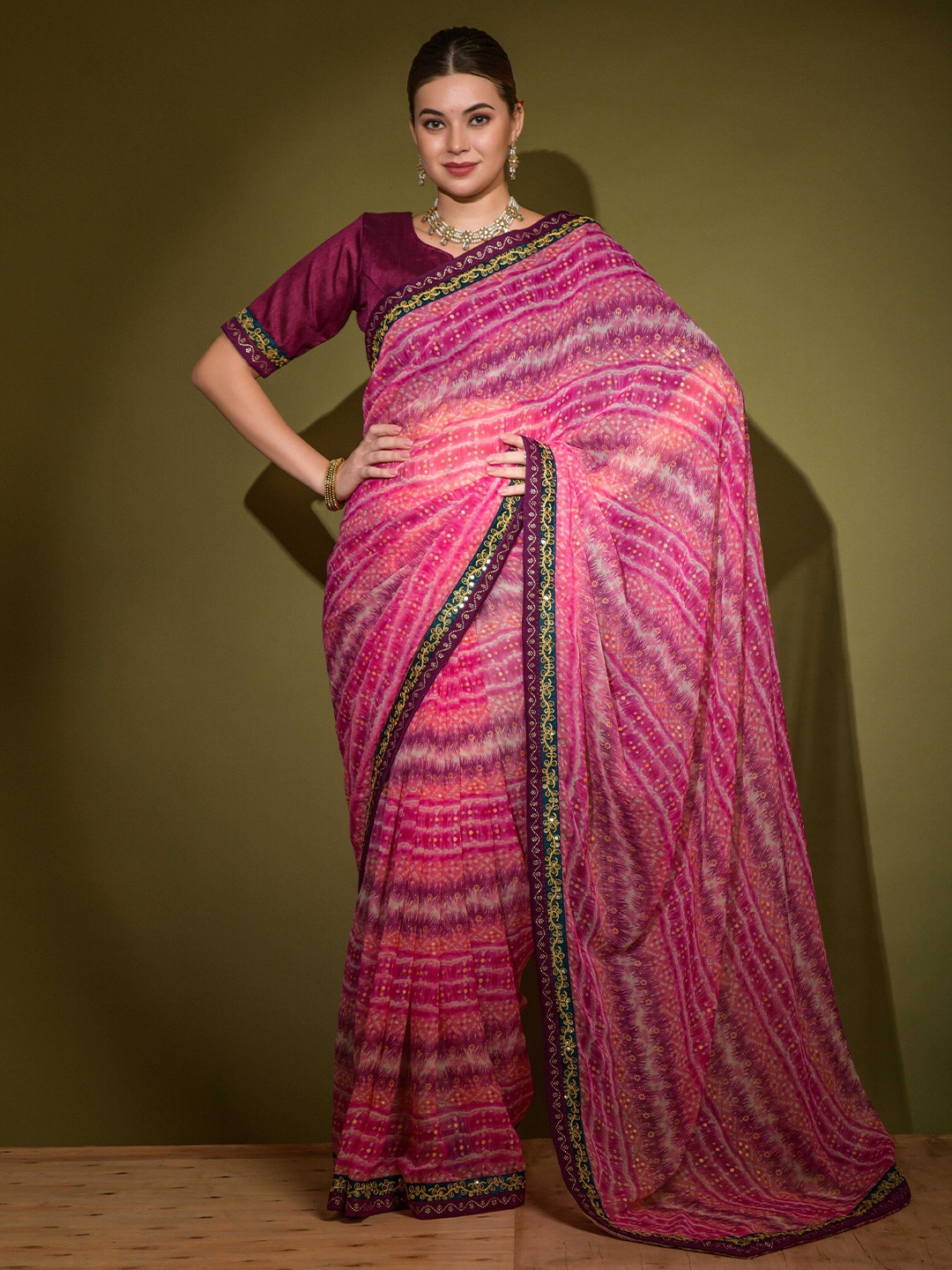 

Manu Designer Bandhani Sequinned Pure Georgette Saree, Pink