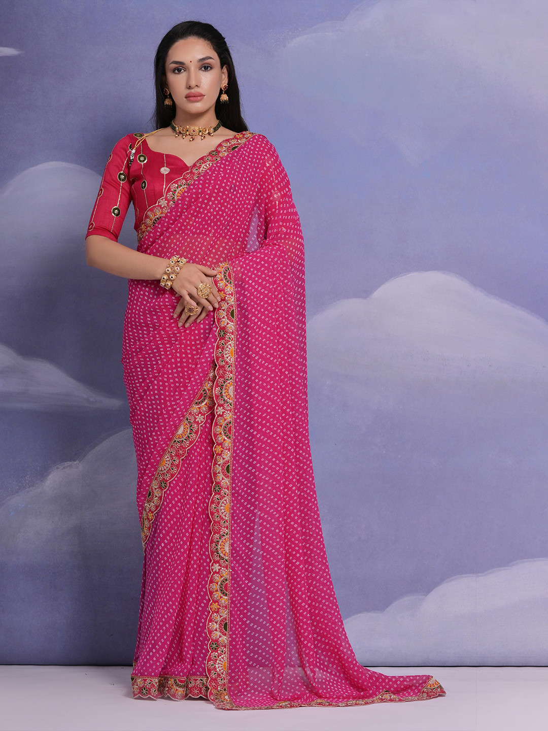 

Manu Designer Bandhani Embroidered Pure Georgette Saree, Pink