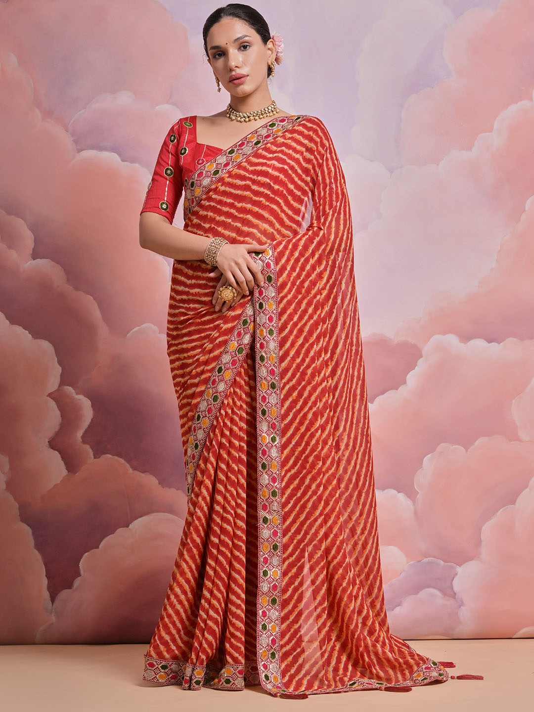 

Manu Designer Sequinned Pure Georgette Leheriya Saree, Red