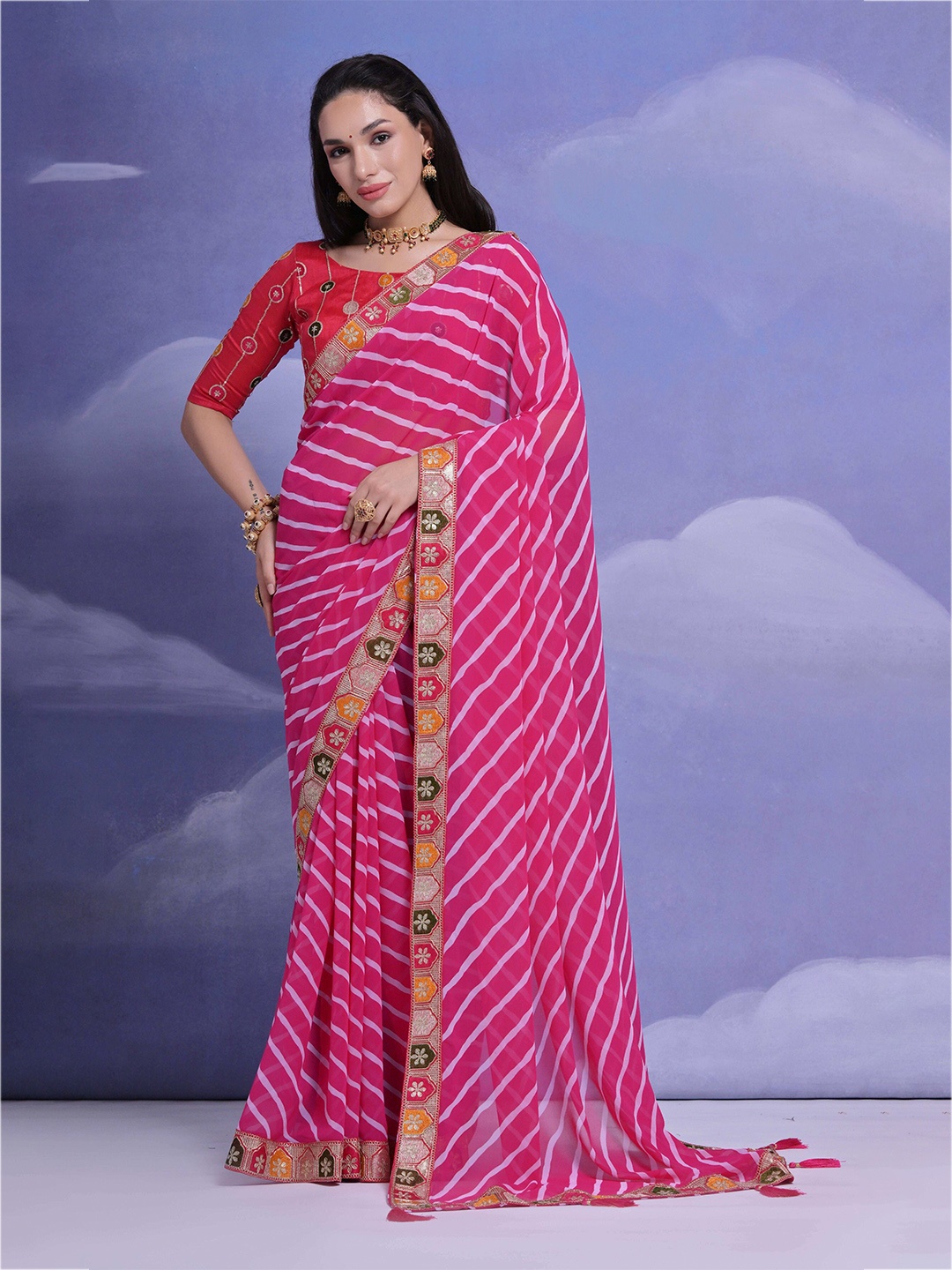 

Manu Designer Striped Embroidered Pure Georgette Saree, Pink