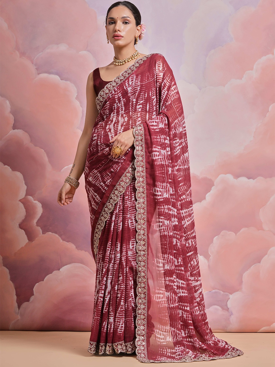 

Manu Designer Tie and Dye Sequinned Pure Georgette Saree, Brown