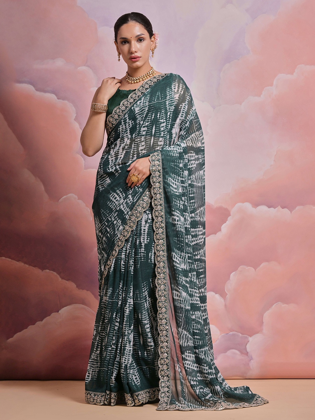 

Manu Designer Tie & Dye Sequinned Pure Georgette Saree, Teal