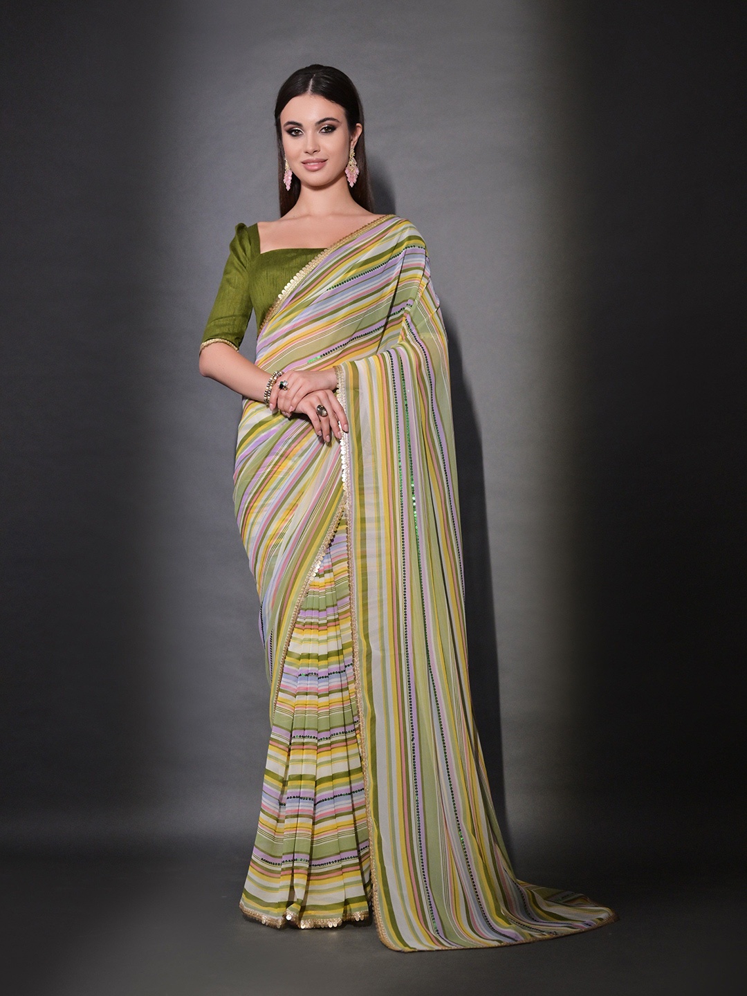 

Manu Designer Striped Sequinned Pure Georgette Saree, Olive