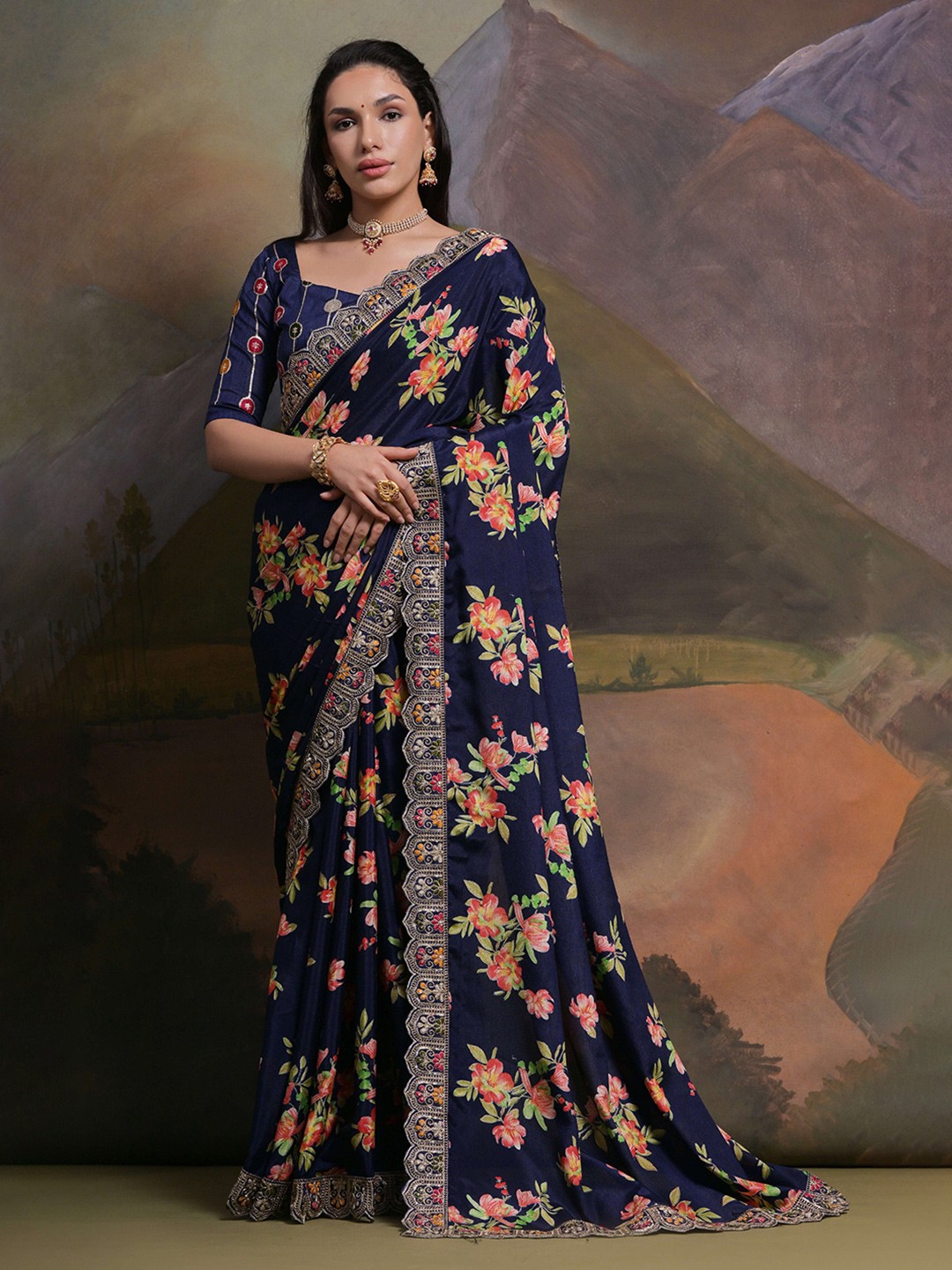 

Manu Designer Floral Embroidered Satin Saree, Blue