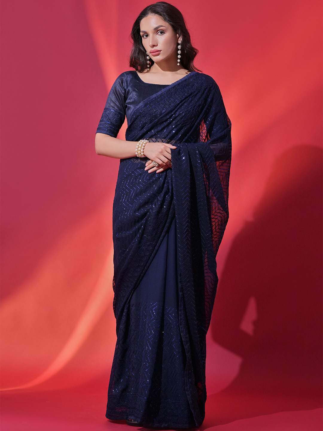 

Manu Designer Striped Sequinned Pure Georgette Saree, Blue