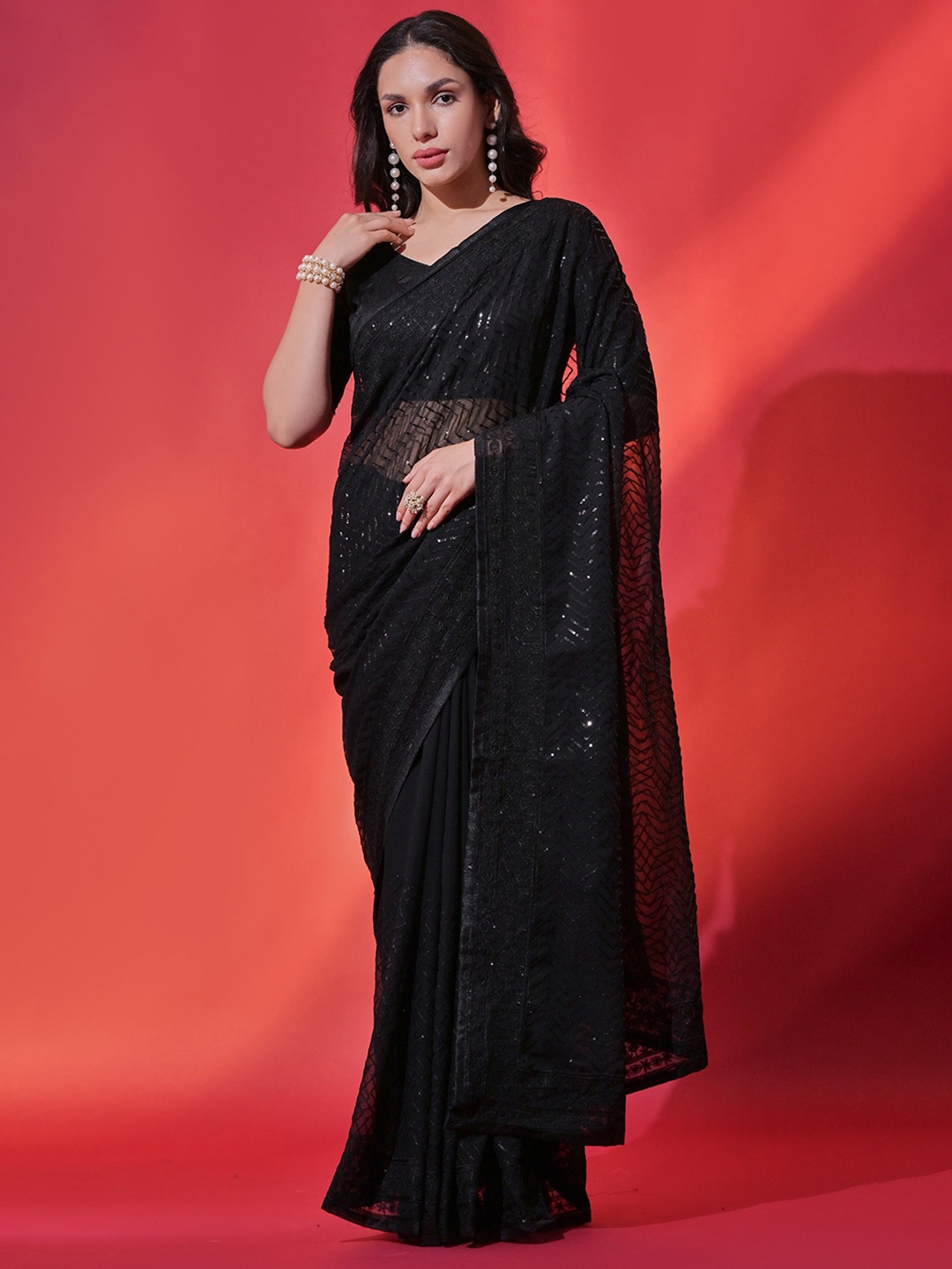 

Manu Designer Sequinned Pure Georgette Saree, Black