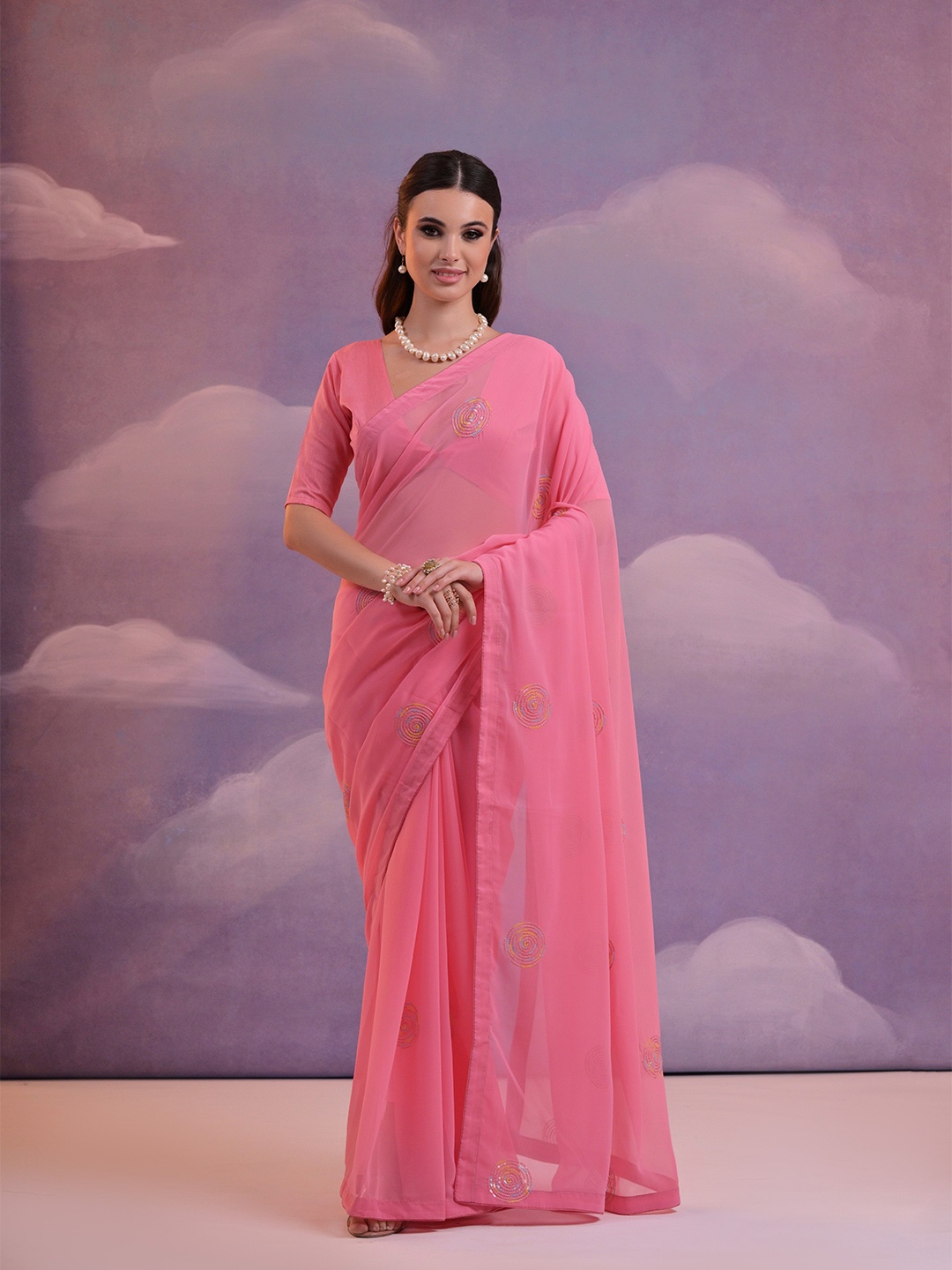 

Manu Designer Ethnic Motifs Pure Georgette Saree, Pink