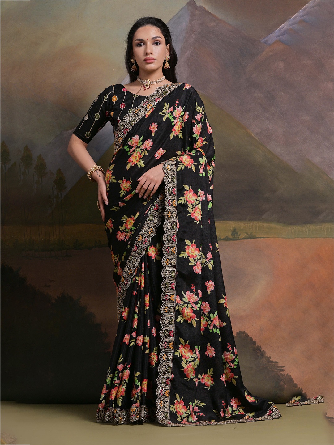 

Manu Designer Floral Sequinned Embroidered Saree, Black