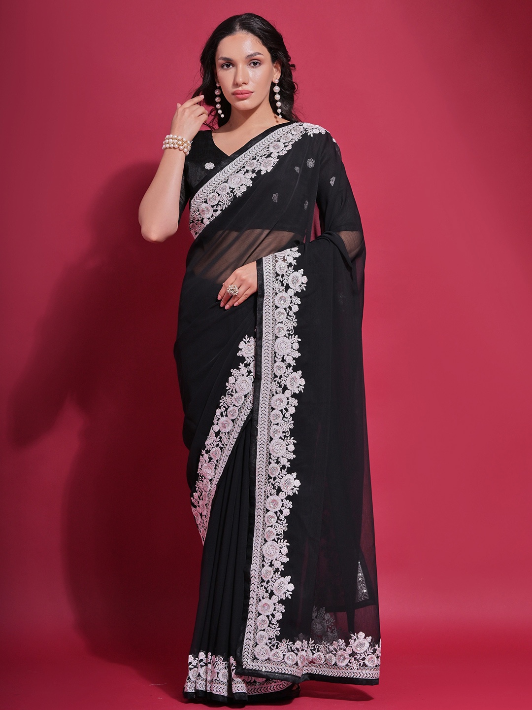 

Manu Designer Embroidered Sequinned Pure Georgette Saree, Black