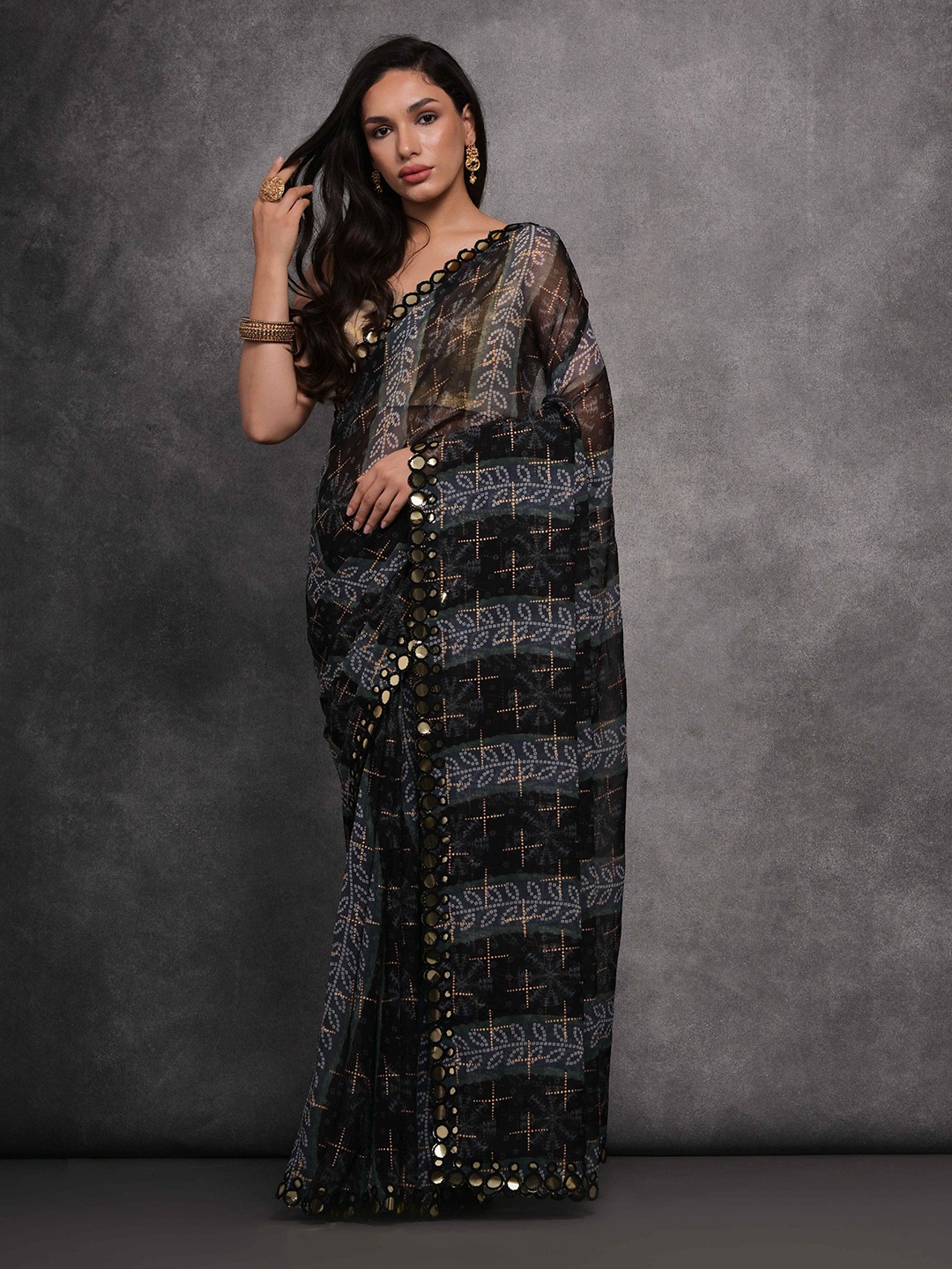 

Manu Designer Bandhani Mirror Work Pure Georgette Saree, Black