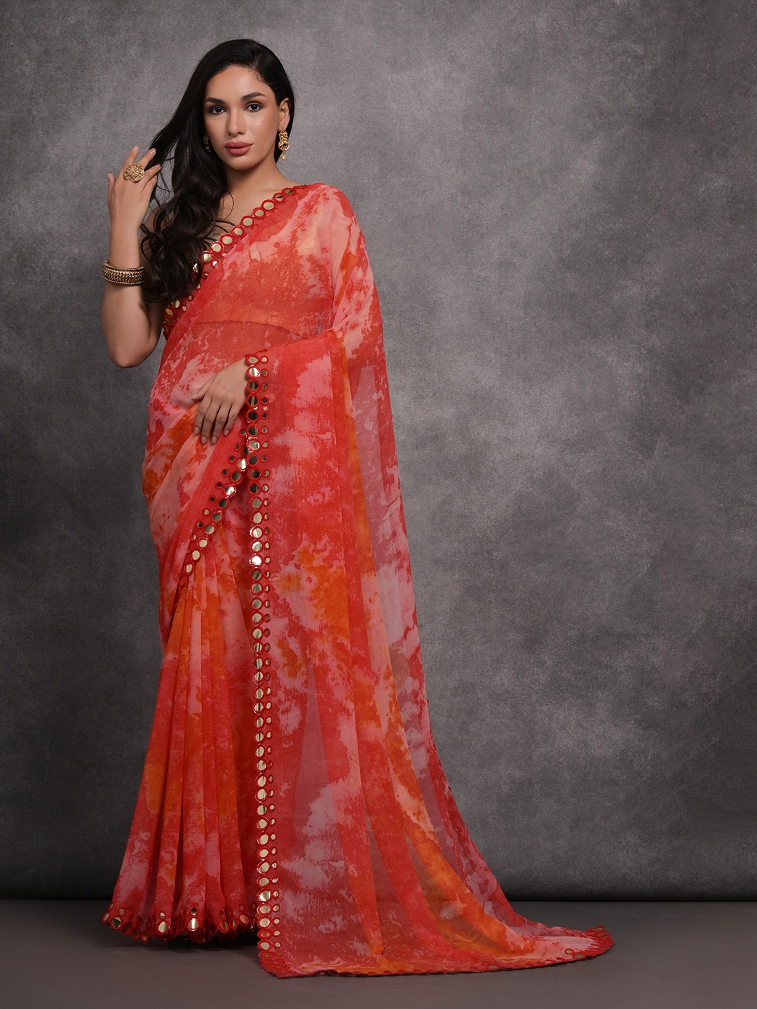 

Manu Designer Tie and Dye Mirror Work Pure Georgette Saree, Pink
