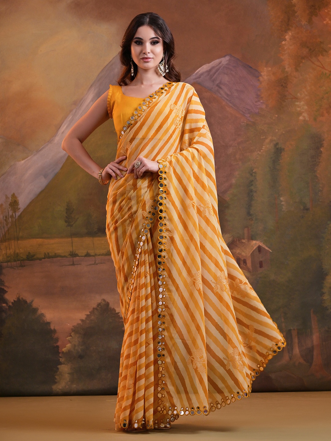 

Manu Designer Women Leheriya Mirror Work Pure Georgette Saree, Yellow