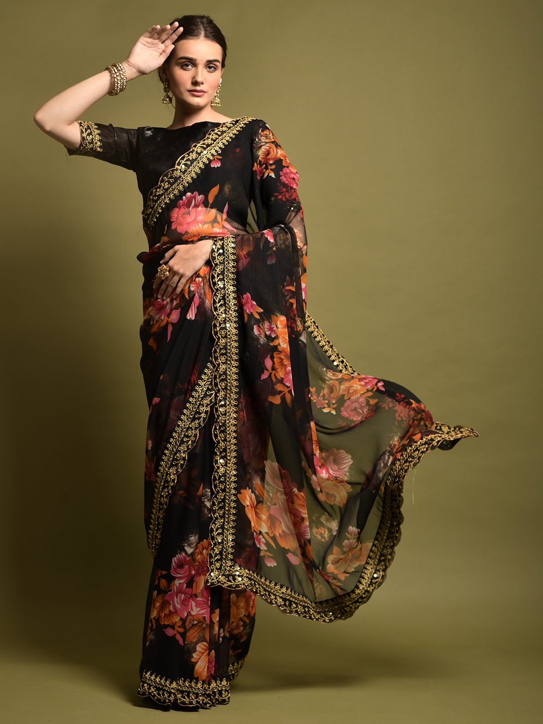 Manu Designer Floral Embroidered Pure Georgette Saree, Black