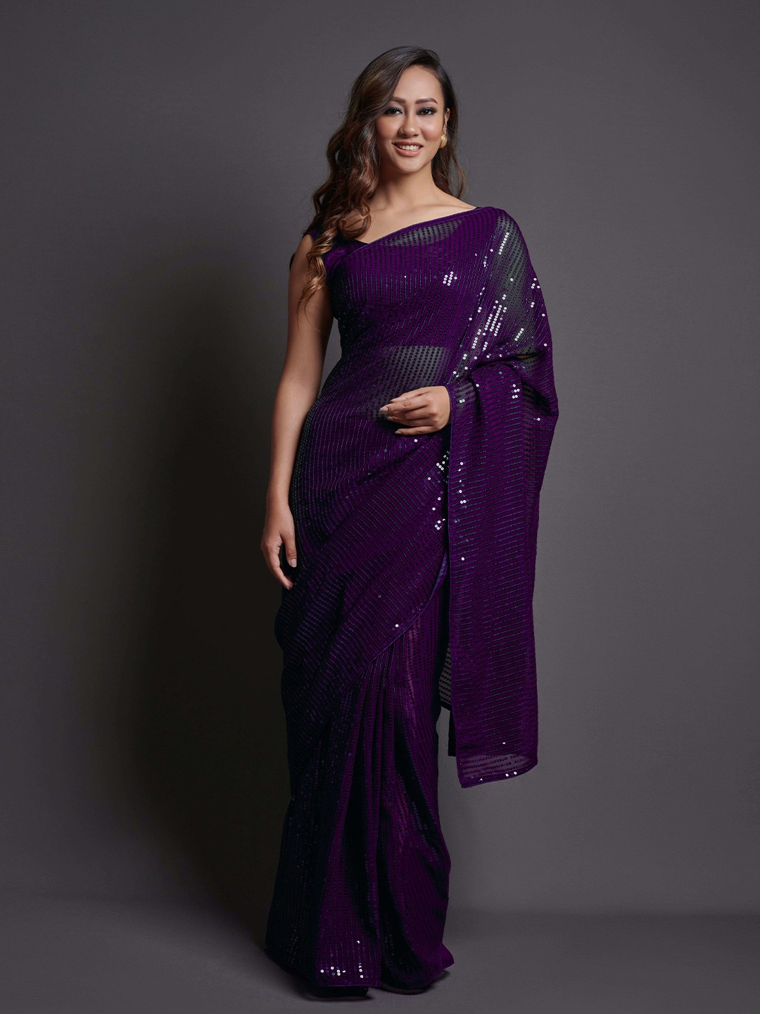 

Manu Designer Women Embellished Sequinned Pure Georgette Saree, Purple