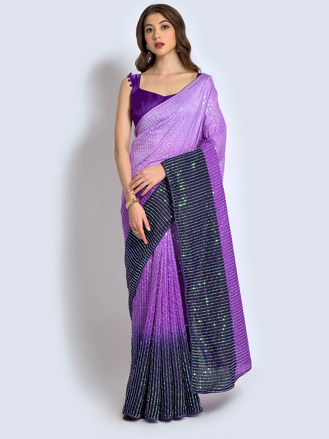 

Manu Designer Embellished Sequinned Striped Saree, Lavender