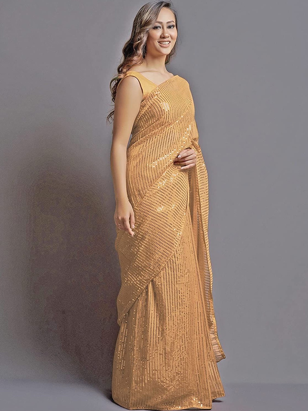 

Manu Designer Embellished Sequinned Pure Georgette Saree, Khaki
