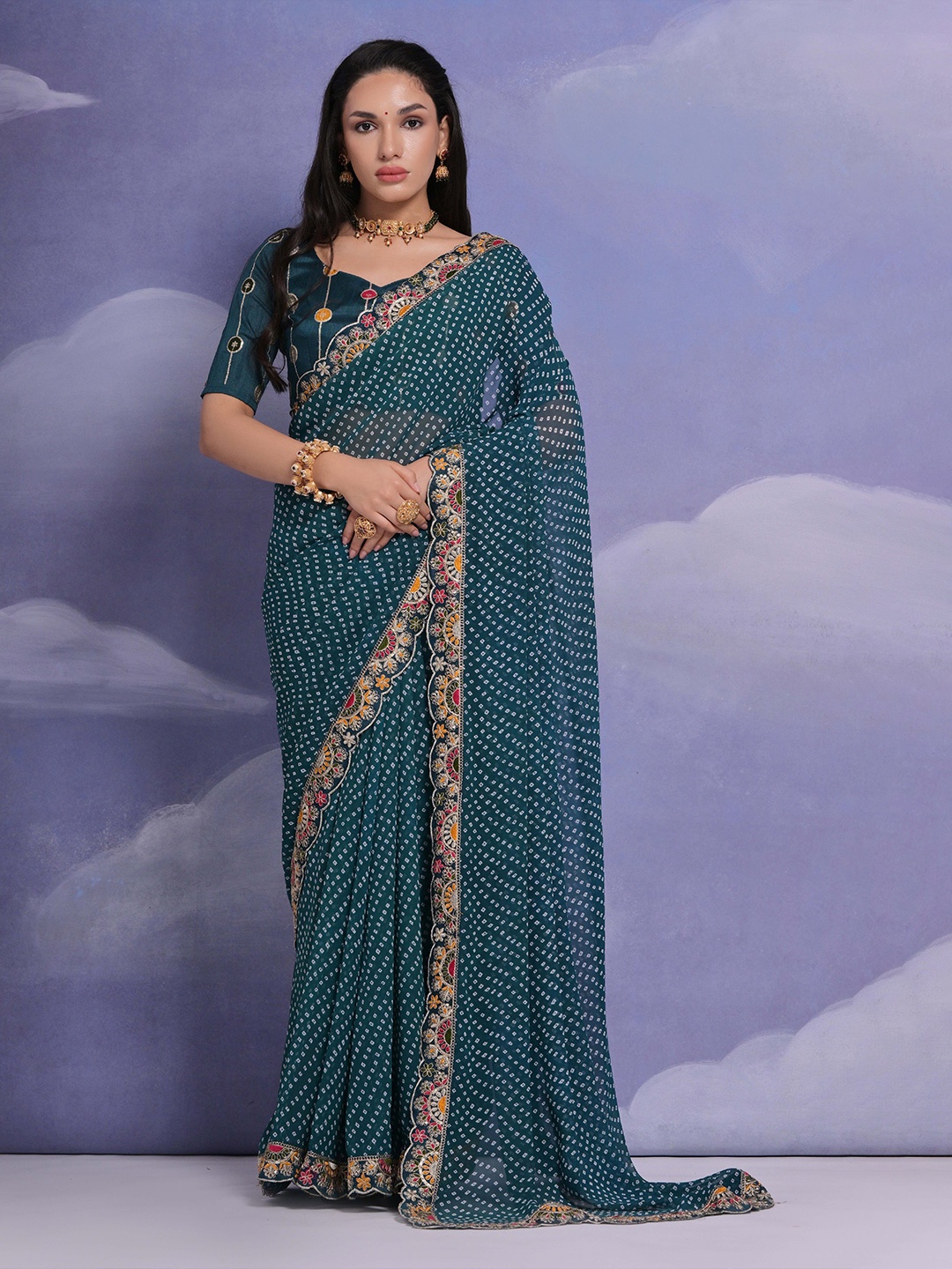 

Manu Designer Pure Georgette Bandhani Embroidered Festive Saree, Teal