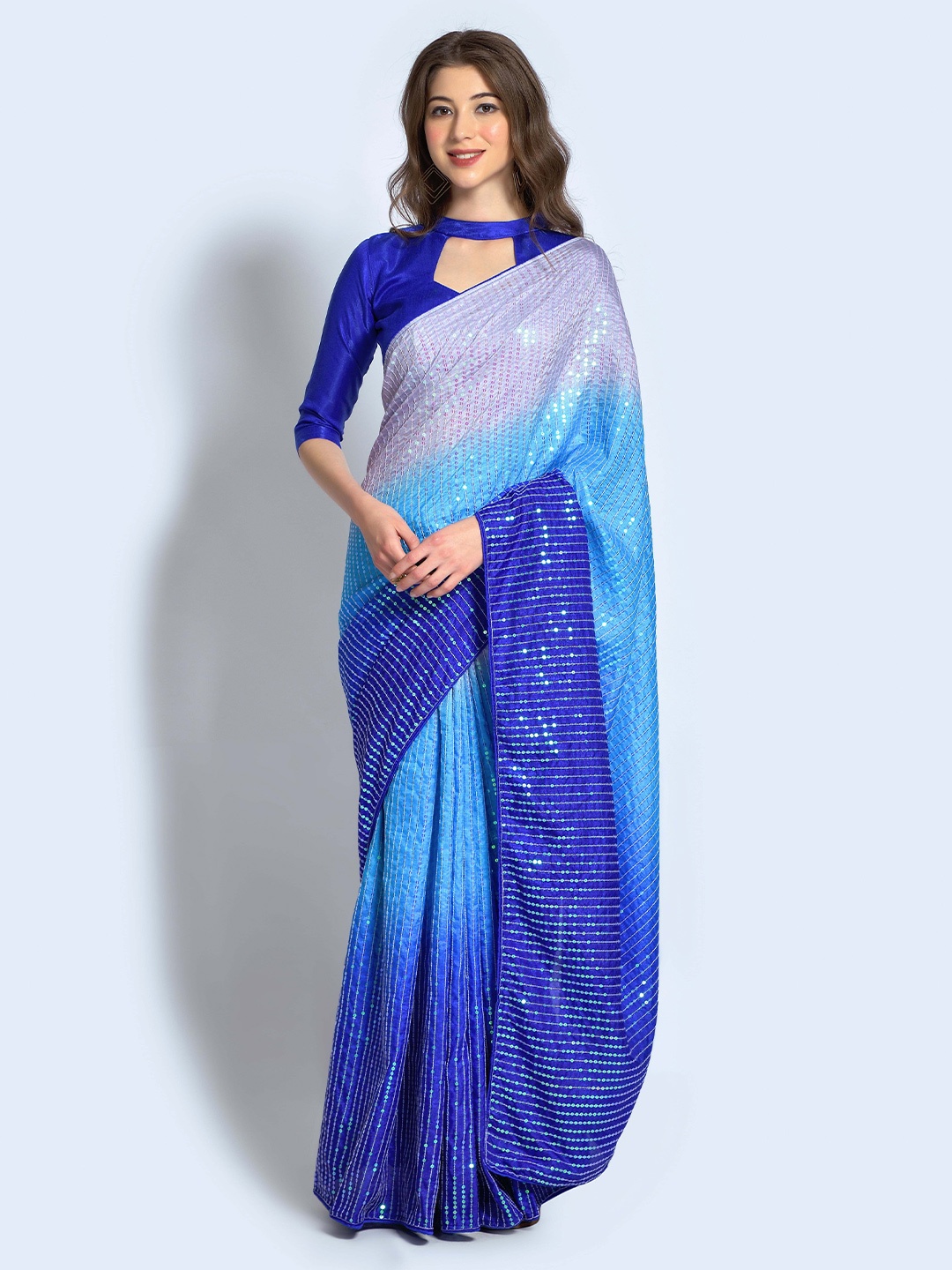 

Manu Designer Ombre Sequinned Striped Saree, Blue