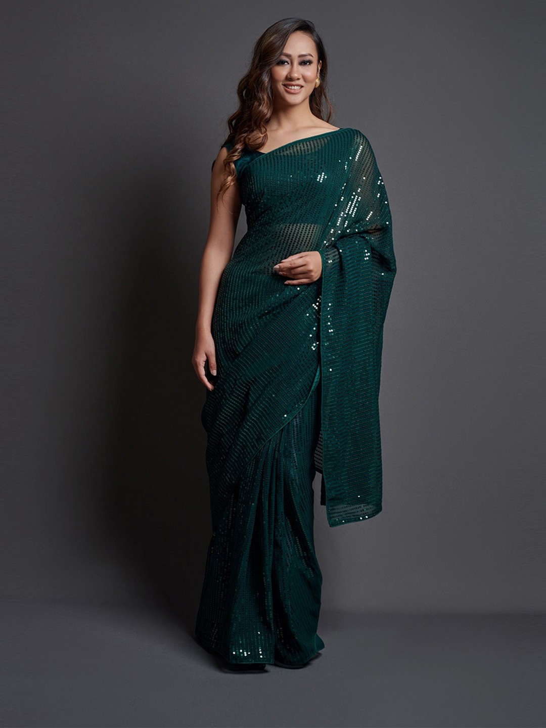 

Manu Designer Embellished Sequinned Striped Pure Georgette Saree, Green
