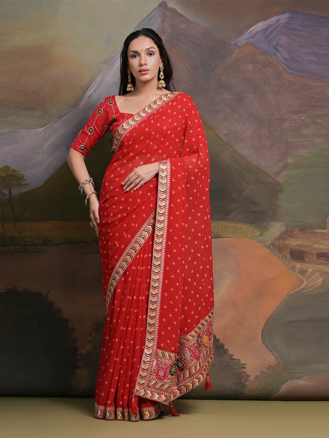 

Manu Designer Embroidered Pure Georgette Bandhni Saree, Red