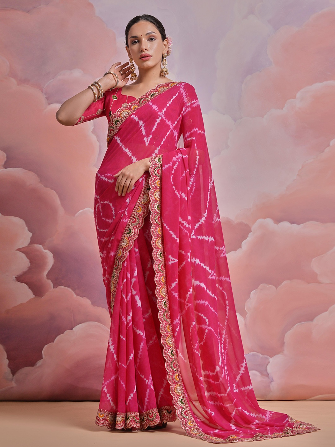 

Manu Designer Tie and Dye Embroidered Pure Georgette Saree, Pink