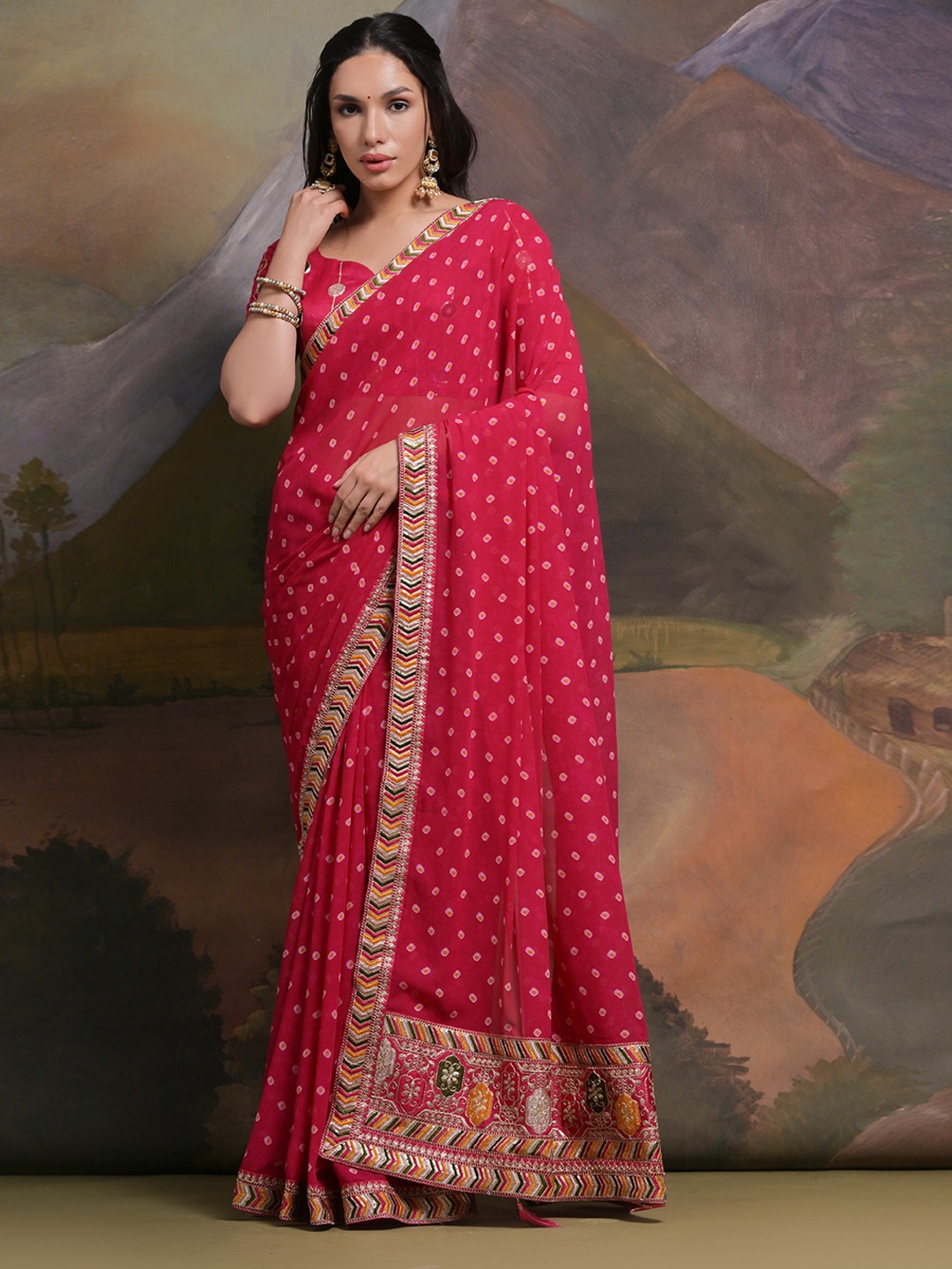 

Manu Designer Bandhani Embroidered Pure Georgette Saree, Pink