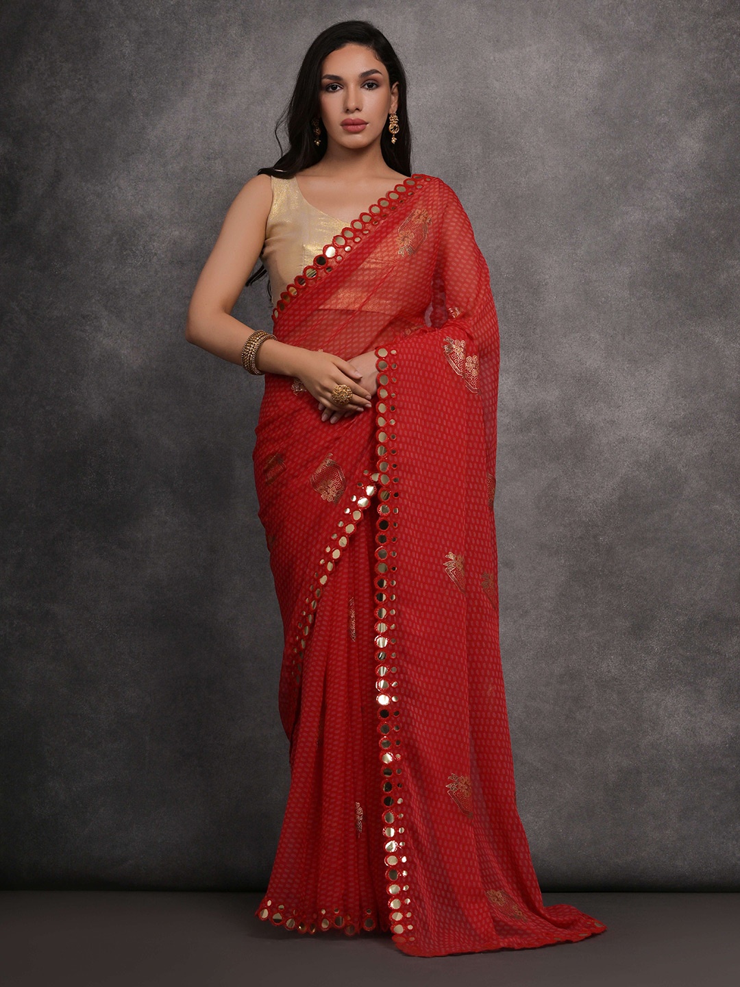 Manu Designer Ethnic Motifs Mirror Work Pure Georgette Saree, Red
