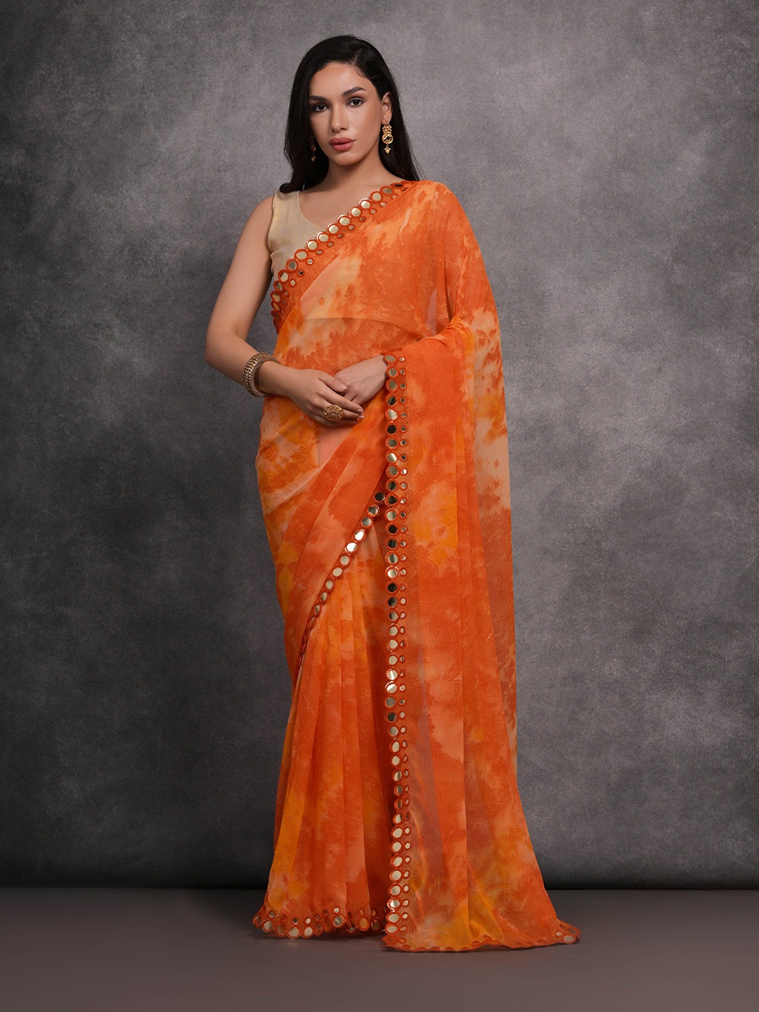 

Manu Designer Tie and Dye Mirror Work Pure Georgette Saree, Orange