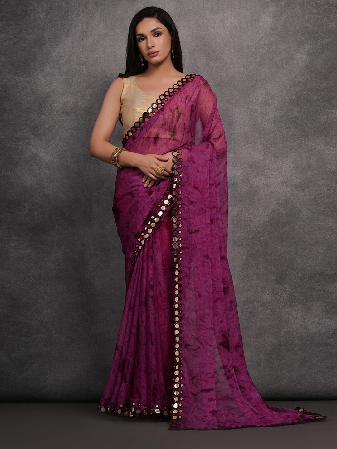

Manu Designer Tie and Dye Dyed Mirror Work Pure Georgette Saree, Purple