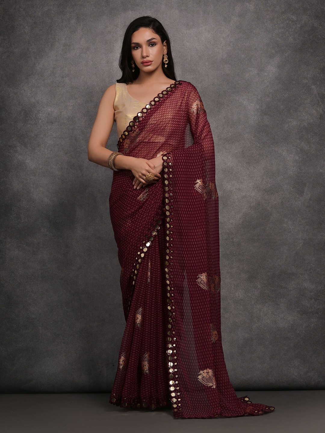 

Manu Designer Ethnic Motif Mirror Work Pure Georgette Saree, Maroon