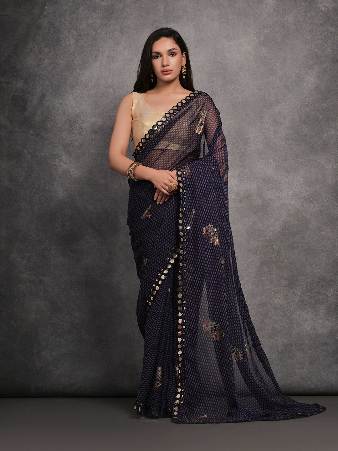 Manu Designer Ethnic Motifs Mirror Work Pure Georgette Saree, Blue