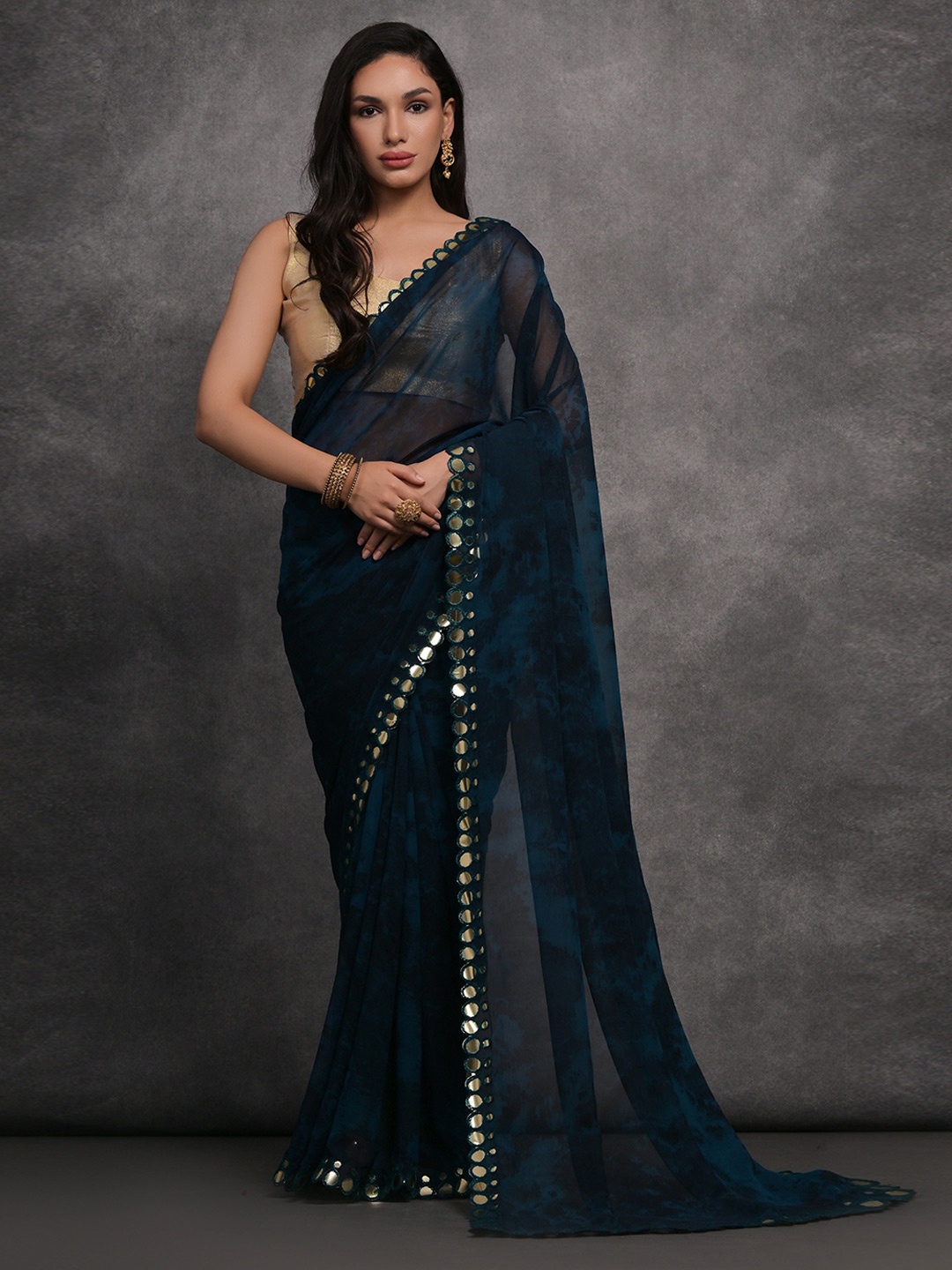 

Manu Designer Mirror Work Abstract Pure Georgette Saree, Teal