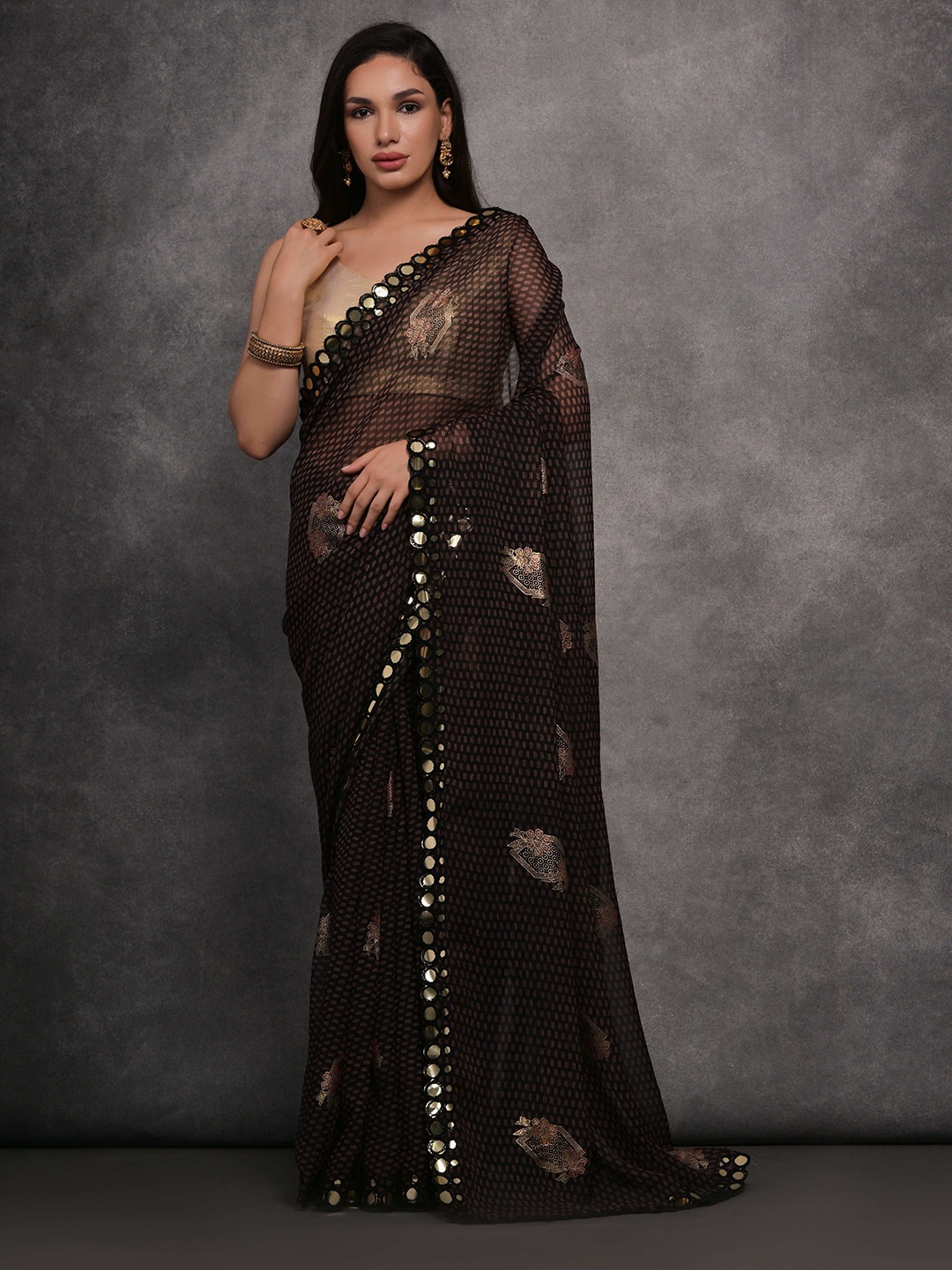 

Manu Designer Mirror Work Pure Georgette Saree, Black