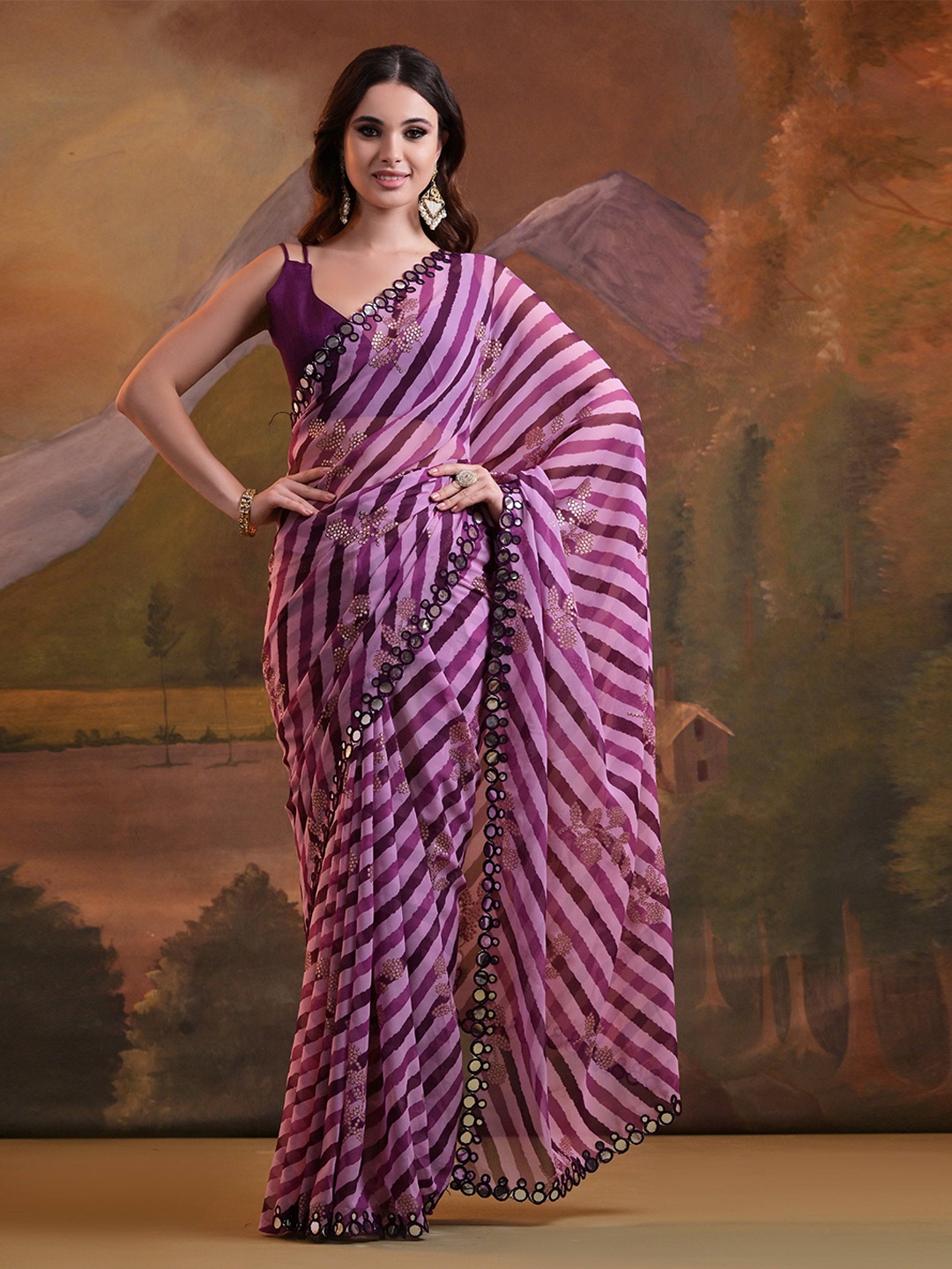 

Manu Designer Leheriya Mirror Work Pure Georgette Saree, Fuchsia