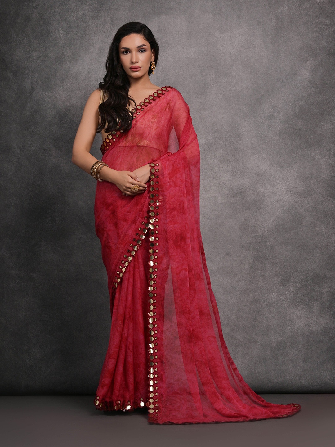 

Manu Designer Pure Georgette Abstract Mirror Work Embroidered Festive Saree, Maroon