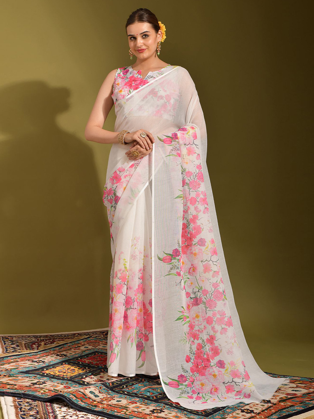 

Manu Designer Floral Printed Pure Linen Saree, White