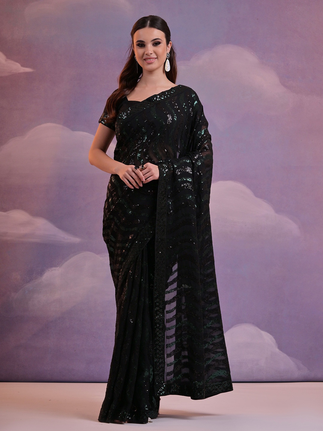 

Manu Designer Sequinned Striped Pure Georgette Saree, Black