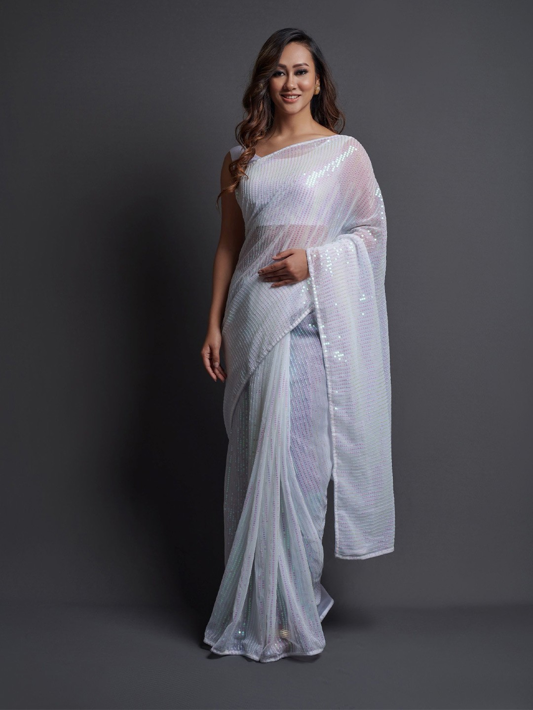 

Manu Designer Striped Sequinned Pure Georgette Saree, White