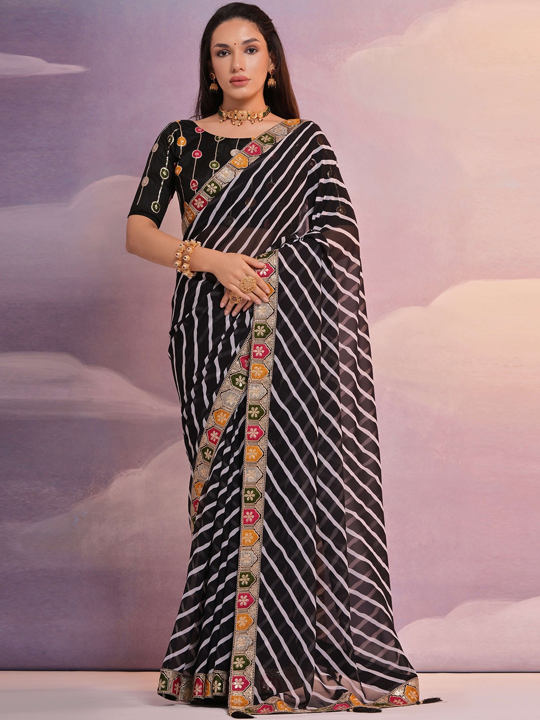 

Manu Designer Striped Embroidered Sequinned Pure Georgette Saree, Black