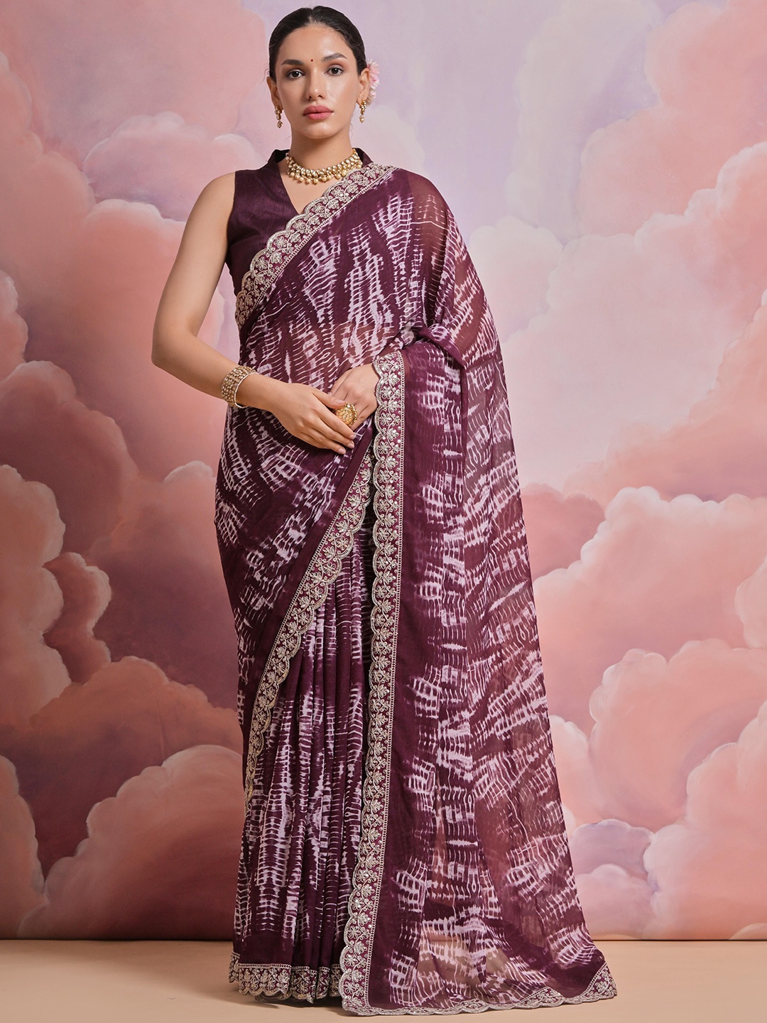 

Manu Designer Tie & Dye Embroidered Sequinned Pure Georgette Saree, Maroon