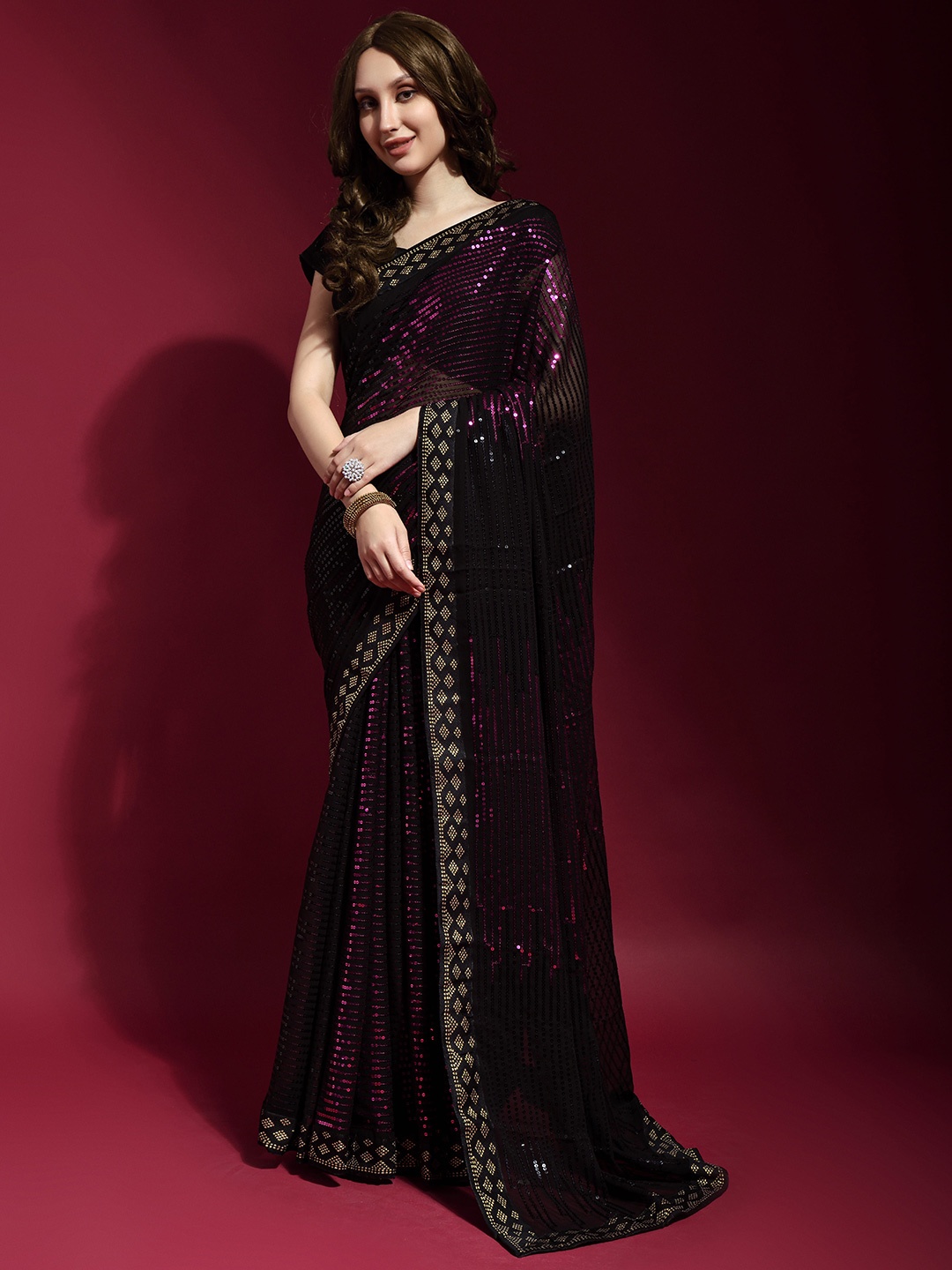 

Manu Designer Striped Sequinned Pure Georgette Saree, Fuchsia