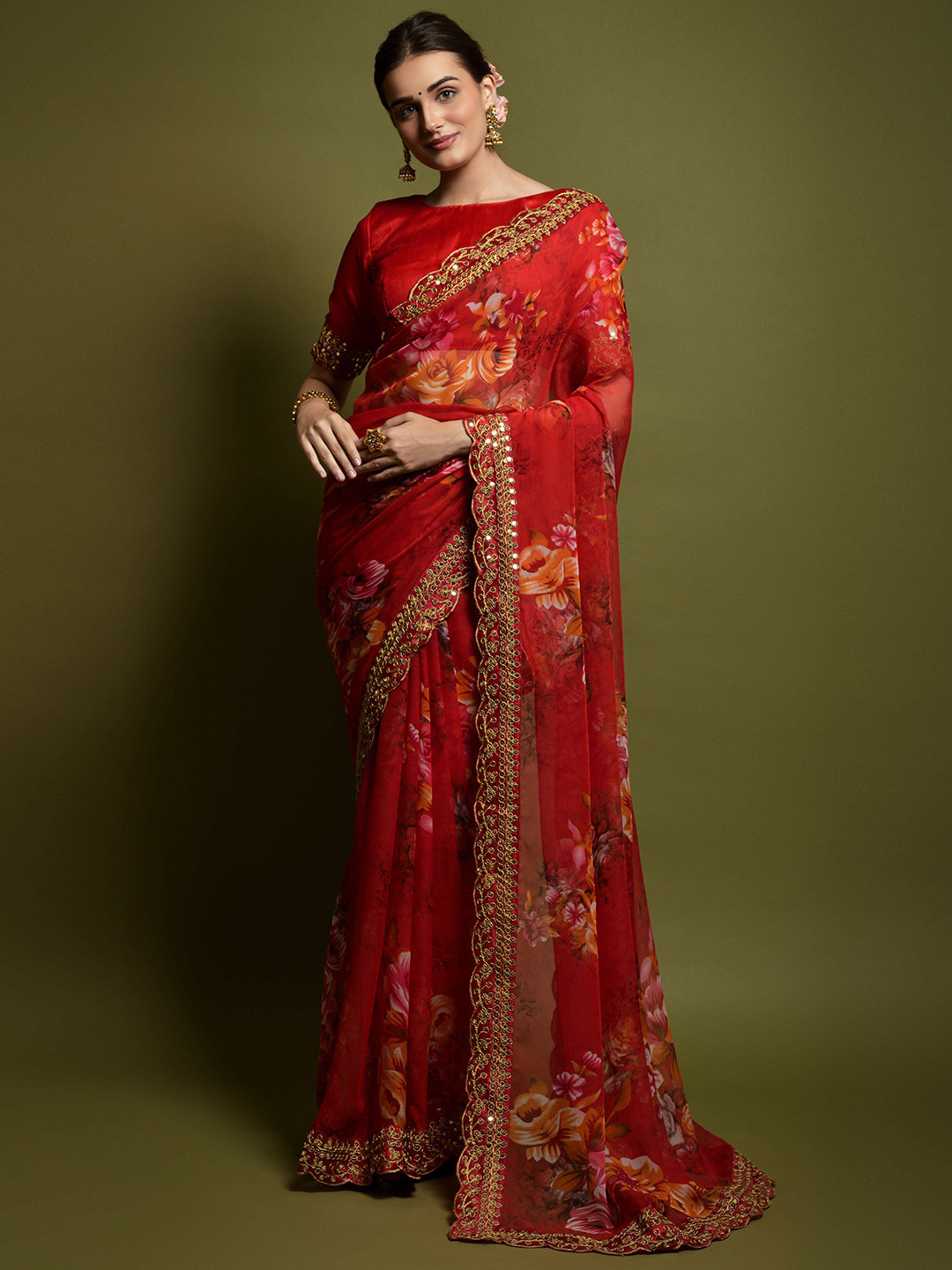 

Manu Designer Floral Embroidered Pure Georgette Saree, Red