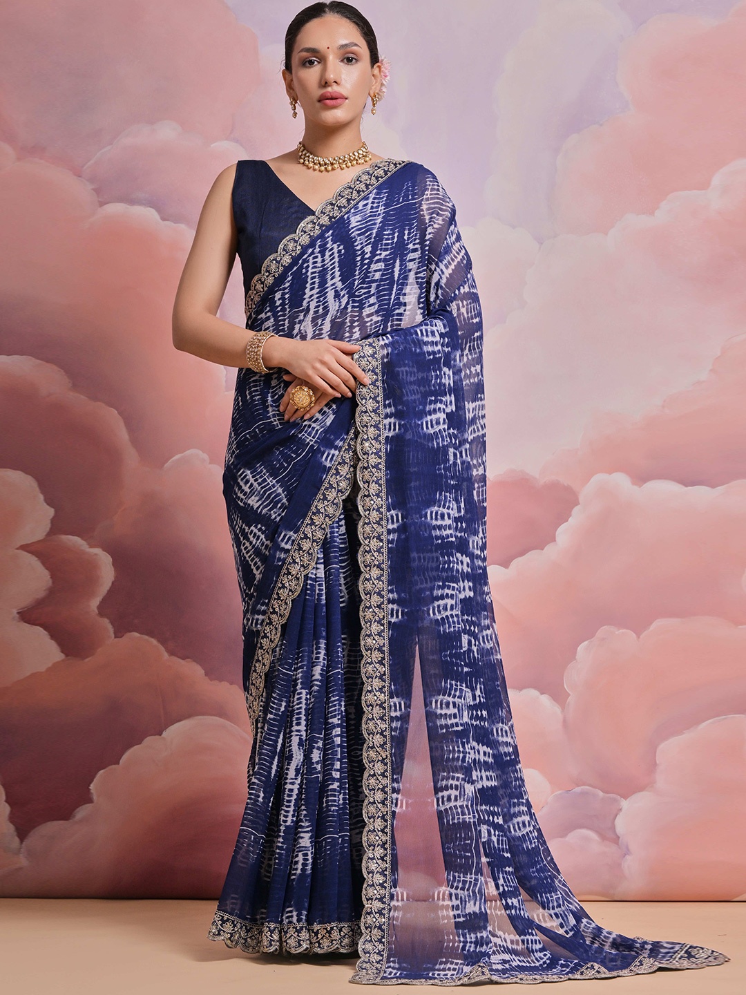 

Manu Designer Women Tie and Dye Embroidered Pure Georgette Saree, Blue