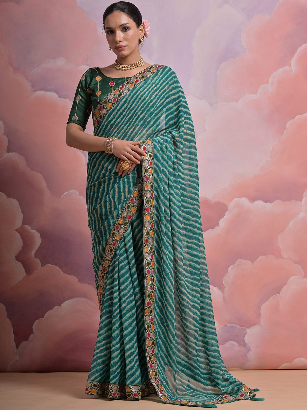 

Manu Designer Leheriya Printed Embroidered Pure Georgette Saree, Green