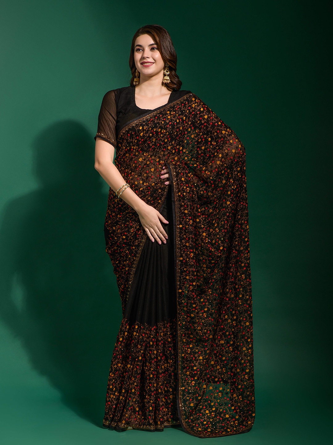 

Manu Designer Ethnic Motif Embroidered Sequinned Pure Georgette Saree, Black