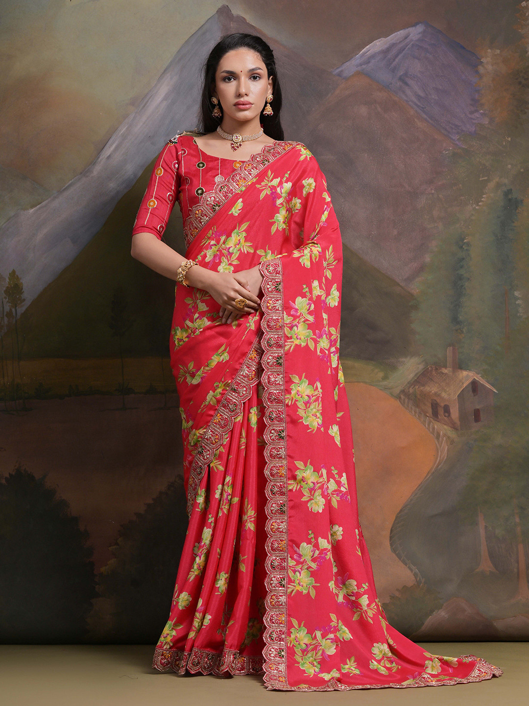

Manu Designer Floral Sequinned Satin Saree, Pink