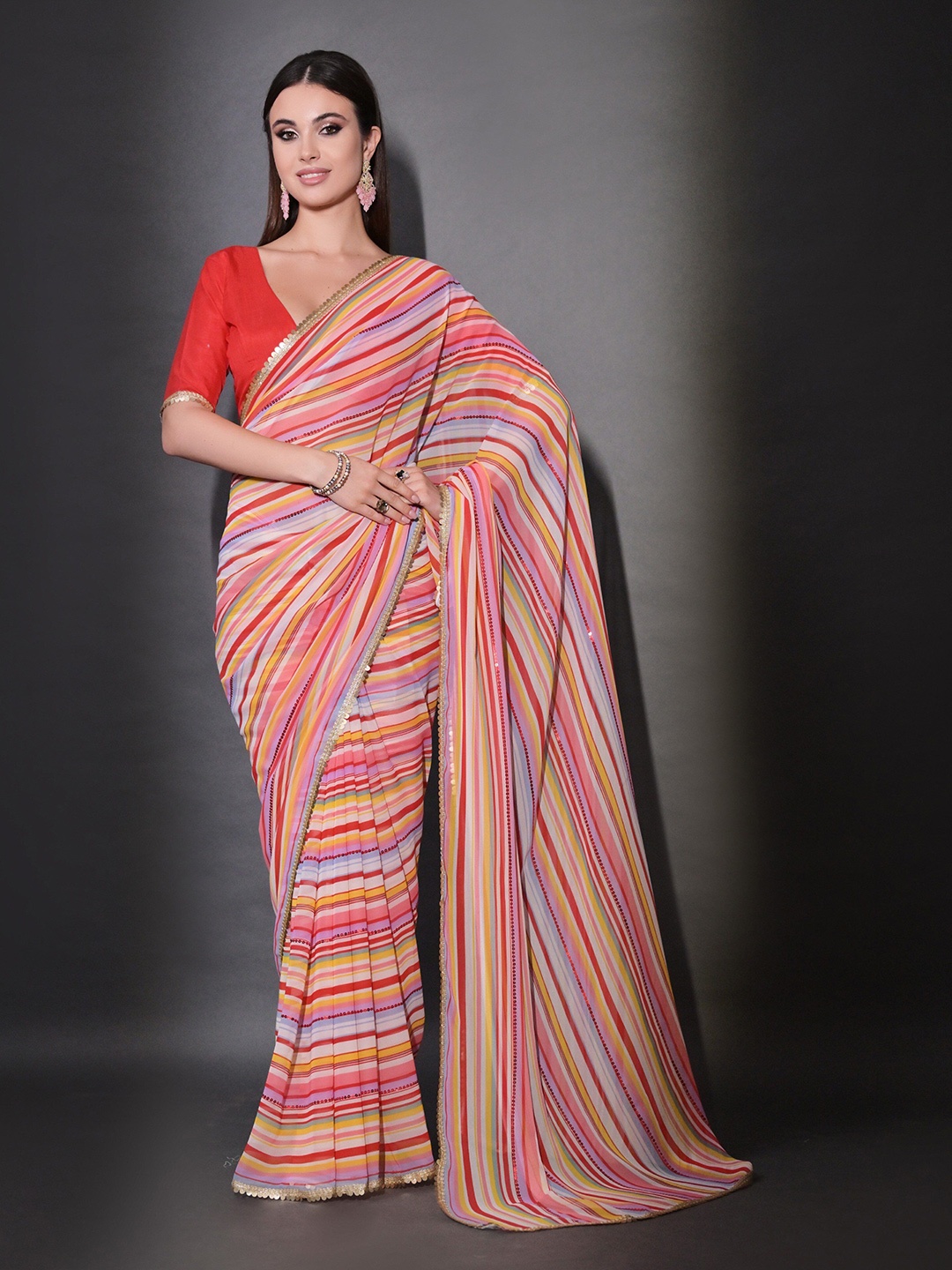 

Manu Designer Striped Sequinned Pure Georgette Saree, Red