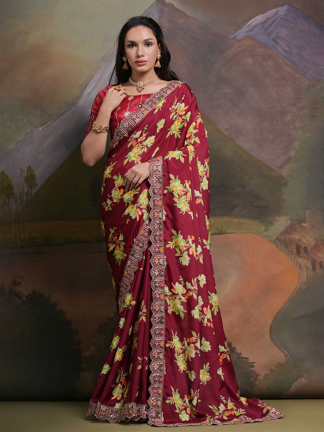 

Manu Designer Floral Embroidered Satin Saree, Fuchsia